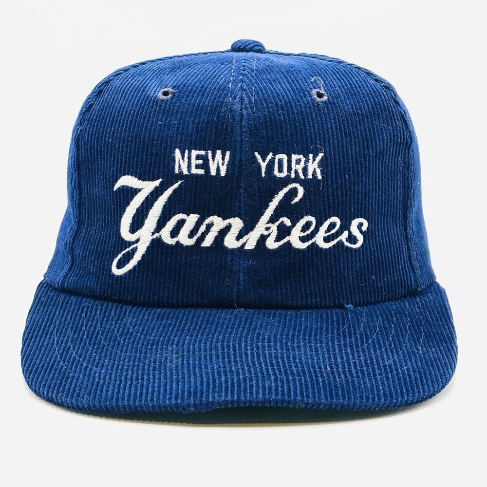 VTG New York Yankees Script Corduroy Snapback Baseball Hat Cap Rare 80s